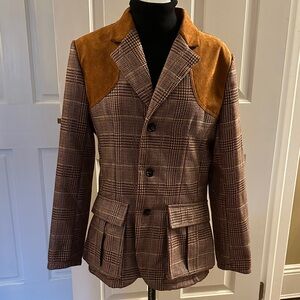 Riding Style Plaid Button Front Jacket Blazer with Faux Suede Accents Size M